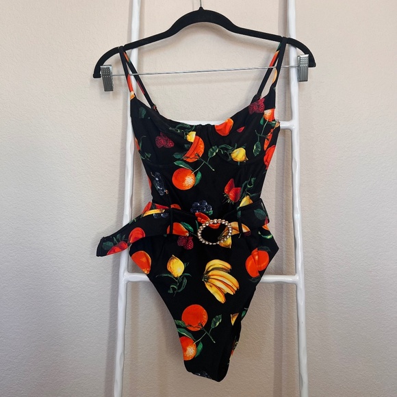 WeWoreWhat Other - WeWoreWhat Black Fruit Print One Piece Swimsuit Medium Belt Rhinestone Buckle
